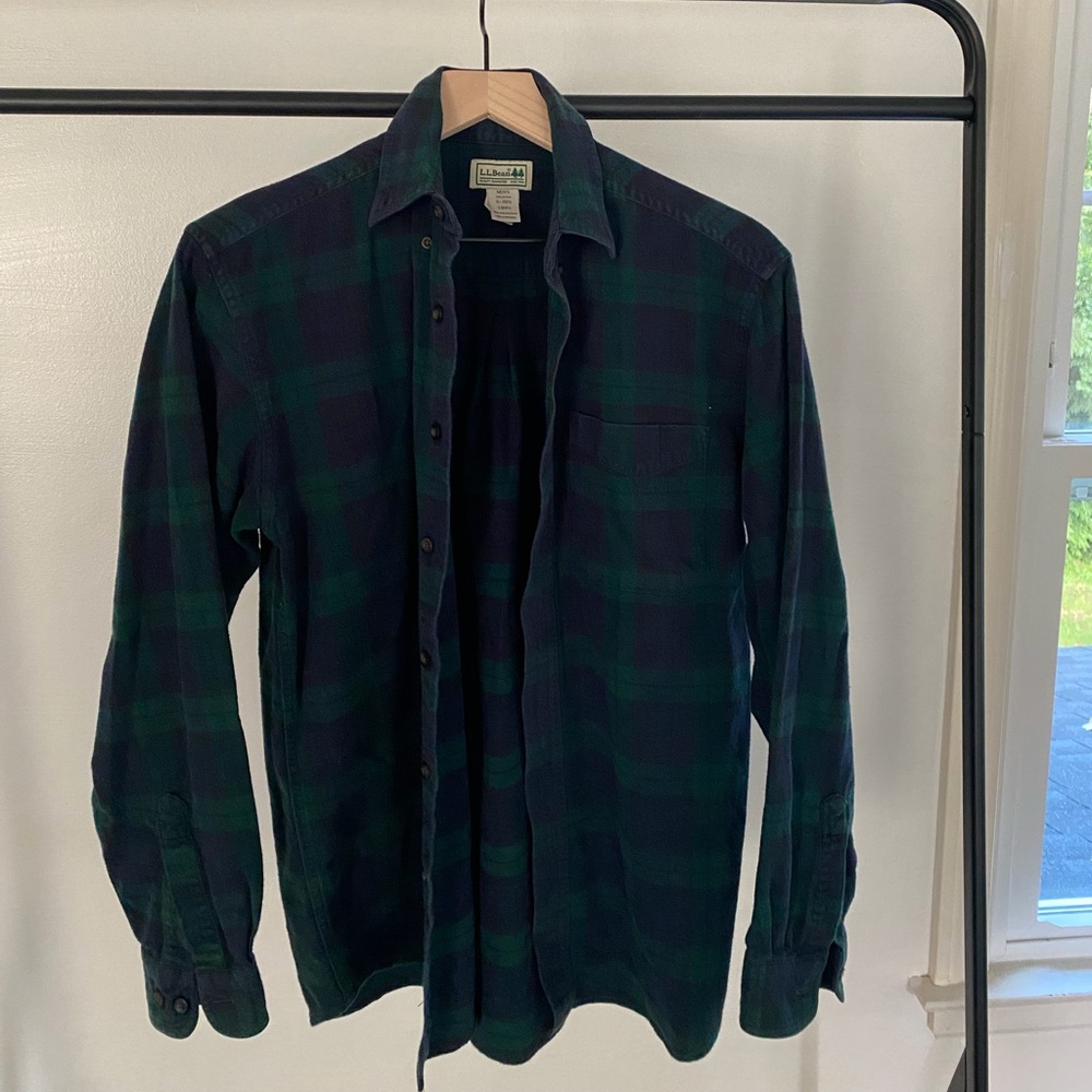 LL Bean blue green flannel shirt 100% cotton Size Small